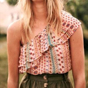 Sézane Adeline RARE Sheer Tribal Floral Boho Stripe One Shoulder Top Size 34